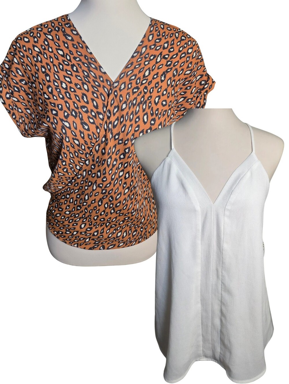 2-Piece Women's Small Top Bundle | W5 Leopard Wrap Blouse + FOROLAV White Cami